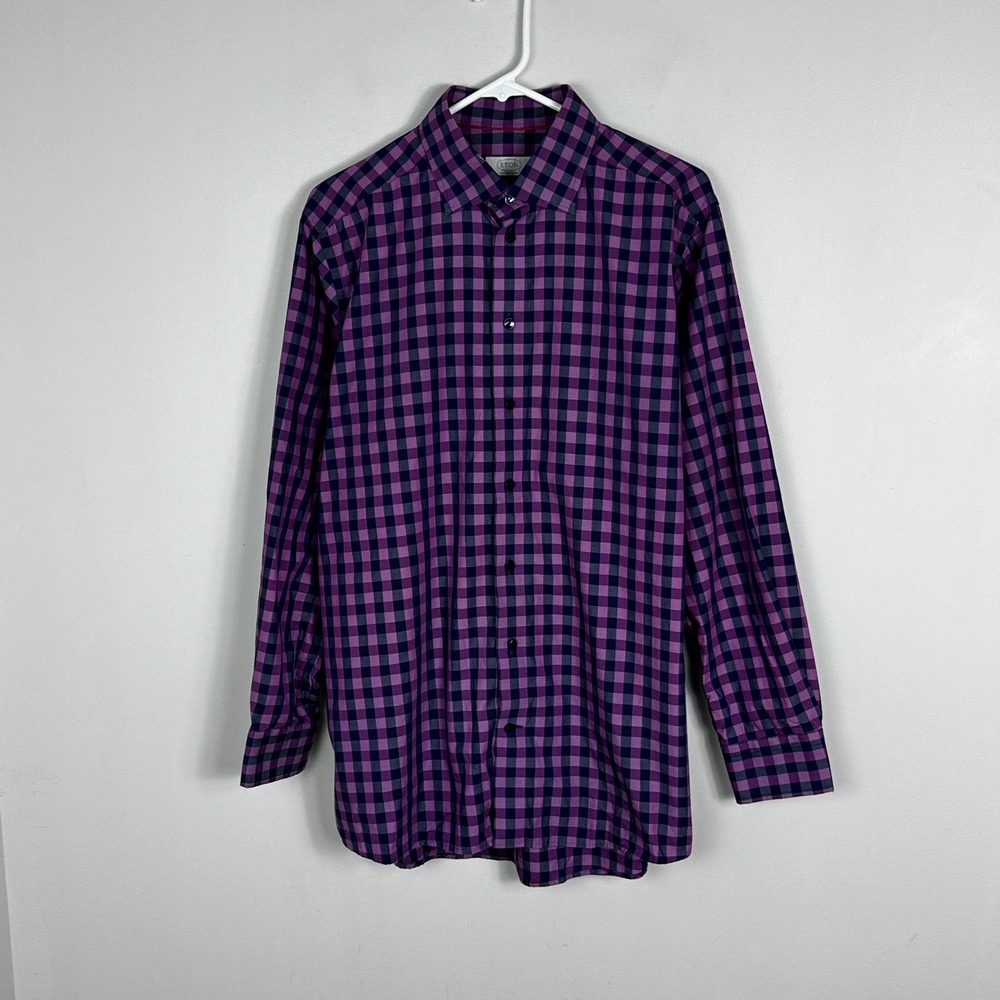 Eton Purple Plaid Collared Long Sleeve Shirt‎ Mens Size 43 Neck 17 Professional